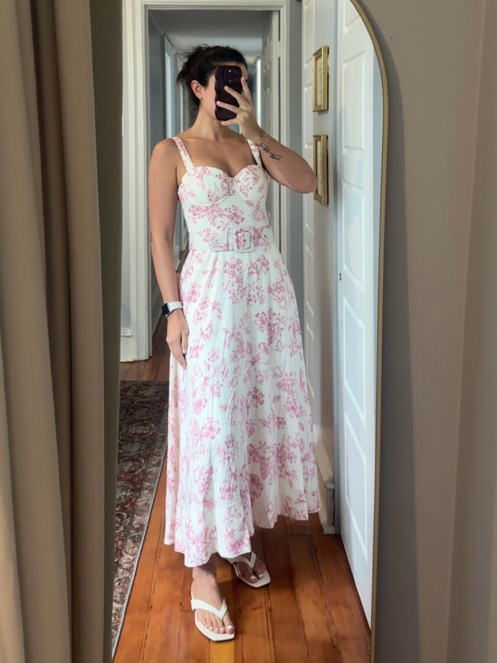 White and Pink Floral Belted Midi Dress